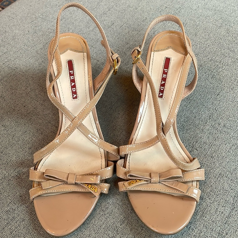 Prada nude patent wedge sandal 39